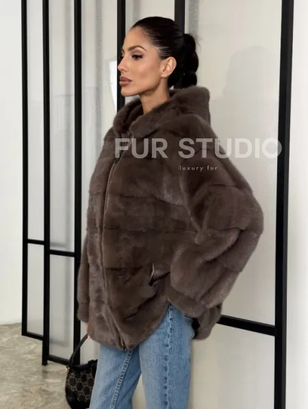 Норковый полушубок с капюшоном на молнии - фото 5