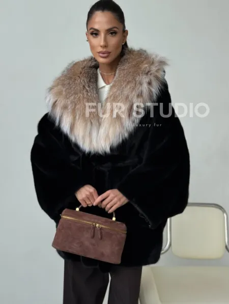 Норковый полушубок с капюшоном рысь - фото 0