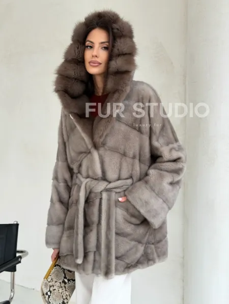 Серый норковый полушубок - капюшон куница - фото 8