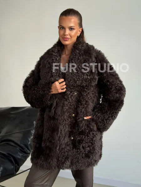 Дублёнка коричневая из овчины - тиградо - фото 0