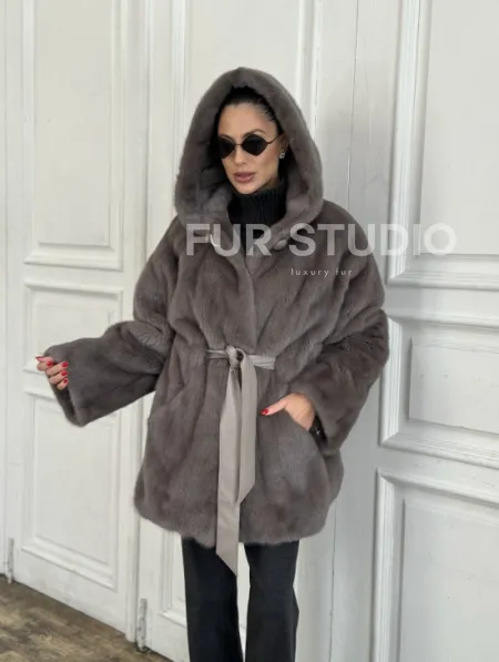 Шуба норковая с капюшоном роспуск - цвет графит - фото 6