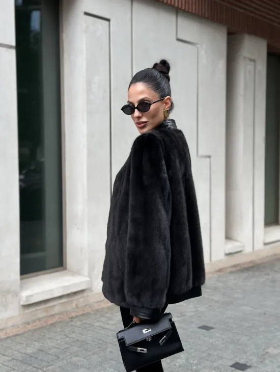 Жакет - шуба из меха норки с отделкой из кожи - графит - фото 7