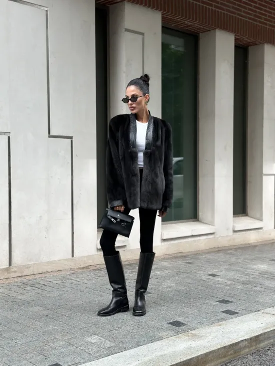 Жакет - шуба из меха норки с отделкой из кожи - графит - фото 10