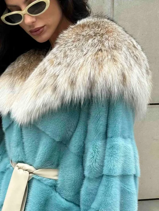 Шуба норковая с капюшоном из меха рыси - цвет Тиффани - фото 4