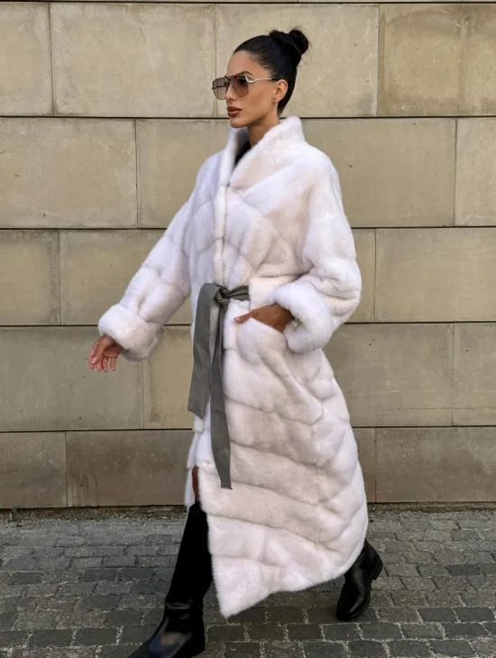 Норковая шуба с поясом, стойка воротник - цвет колотый лед - фото 8