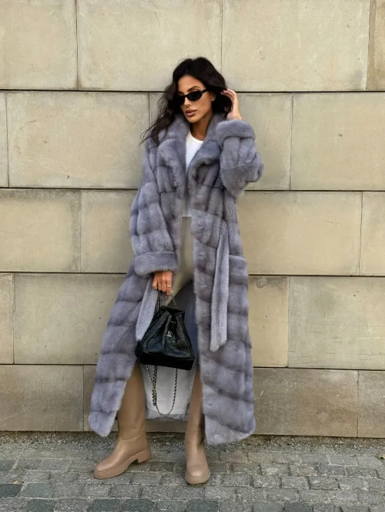 Голубая шуба New Fashion из меха аукционной норки, английский воротник - фото 10