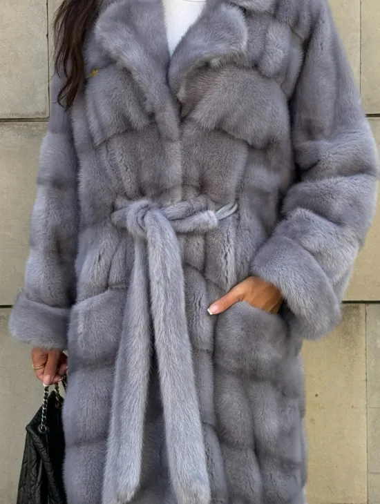 Голубая шуба New Fashion из меха аукционной норки, английский воротник - фото 2