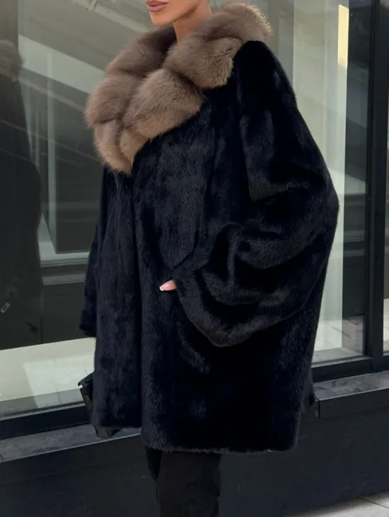 Женское меховое полупальто из норки- воротник куница - фото 3