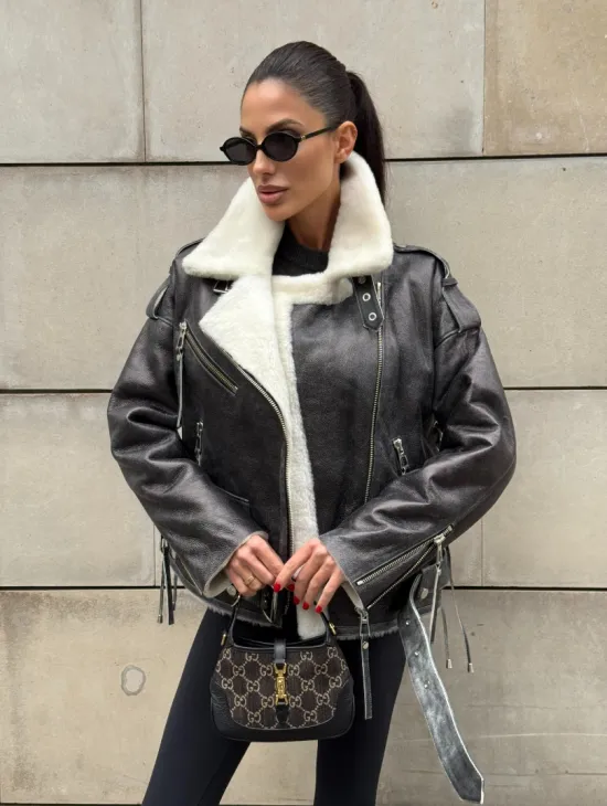 Коротка женская дубленка Vintage Grey из белой овчины мериноса, боковой шнуровкой и накладной пояс - фото 0