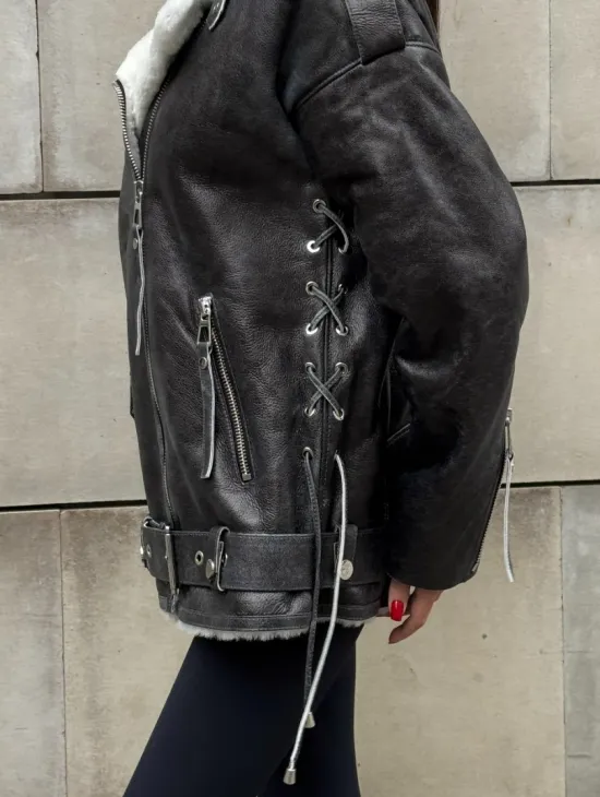 Дубленка-авиатор из натуральной овчины Dark Grey Vintage, со шнуровкой по боковому шву - фото 7