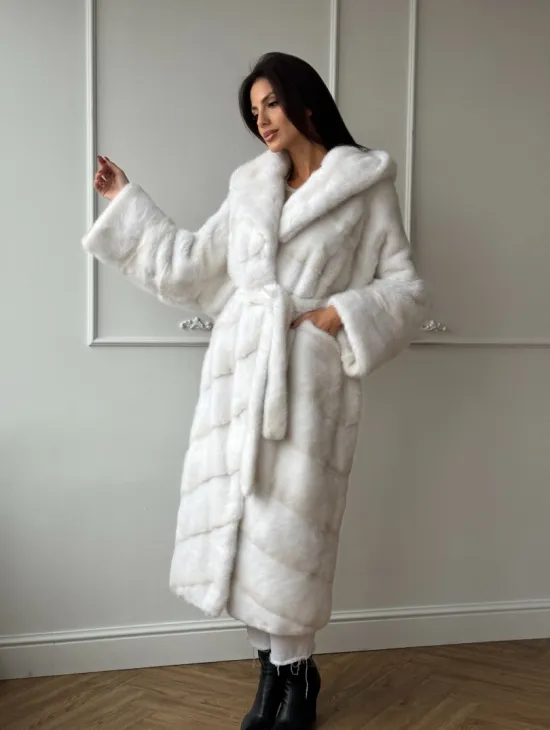 Натуральная шуба кимоно из меха норки Palomino с капюшоном кобра - фото 10