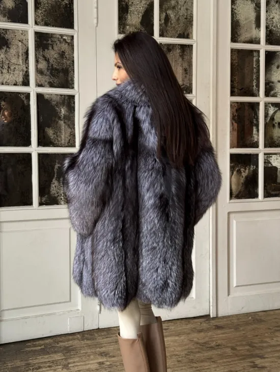 Натуральная шуба из меха чернобурки, воротник шаль - фото 4