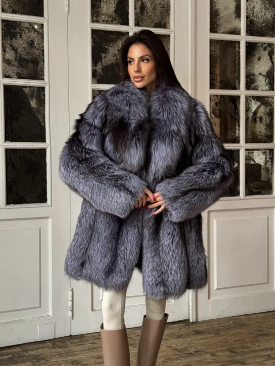 Натуральная шуба из меха чернобурки, воротник шаль - фото 5