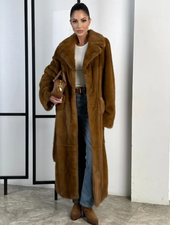 Классическая длинная норковая шуба под пояс - английский воротник - фото 5