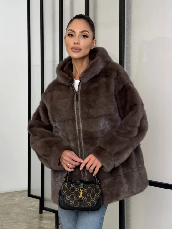 Норковый полушубок с капюшоном на молнии - фото 9