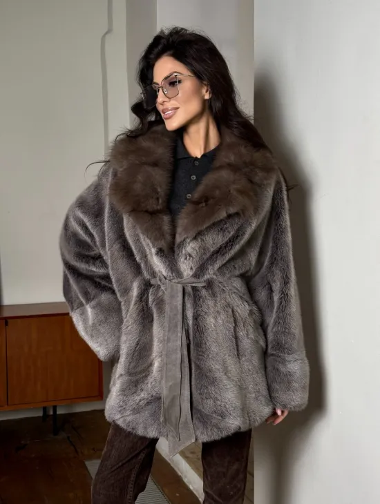 Женский норковый полушубок с воротником из куницы, фасон - летучая мышь - фото 6