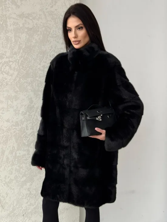 Норковая шуба в черном цвете воротник стойка - фото 4