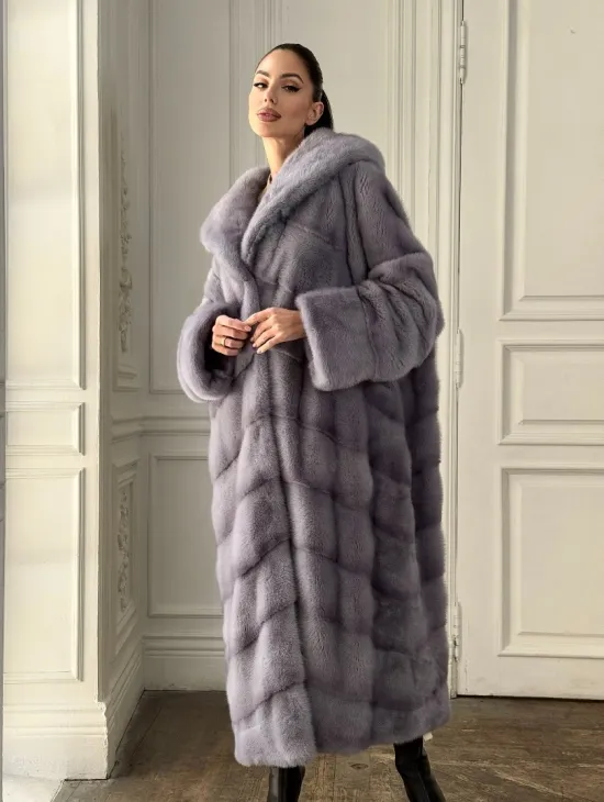 Длинная голубая норковая шуба с капюшоном PLUS SIZE - фото 4