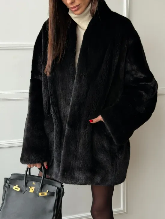 Жакет - шуба из норки BLACK с V-образным воротником, косыми карманами - фото 3
