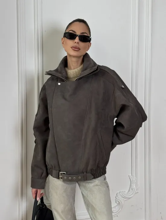 Современная куртка - бомбер из винтажной кожи Gray с двойным воротником - фото 11