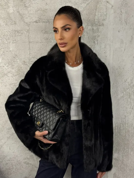 Черный норковый кроп - жакет с английским воротником - фото 5