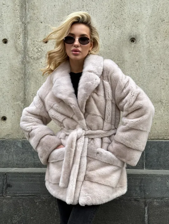 Светлый норковый полушубок PREMIUM FUR с английским воротником - фото 5