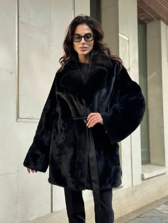 Полушубок из норки с английским воротником - черный - фото 9