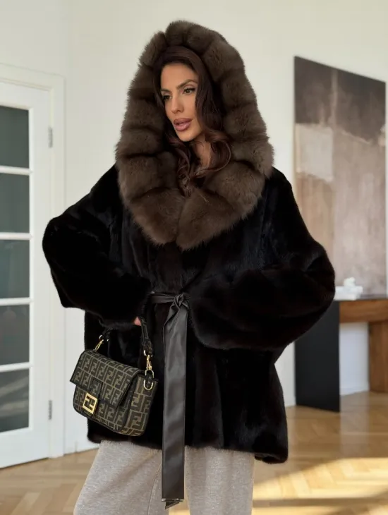 Коричневая норковая шуба с накладными карманами - фото 5