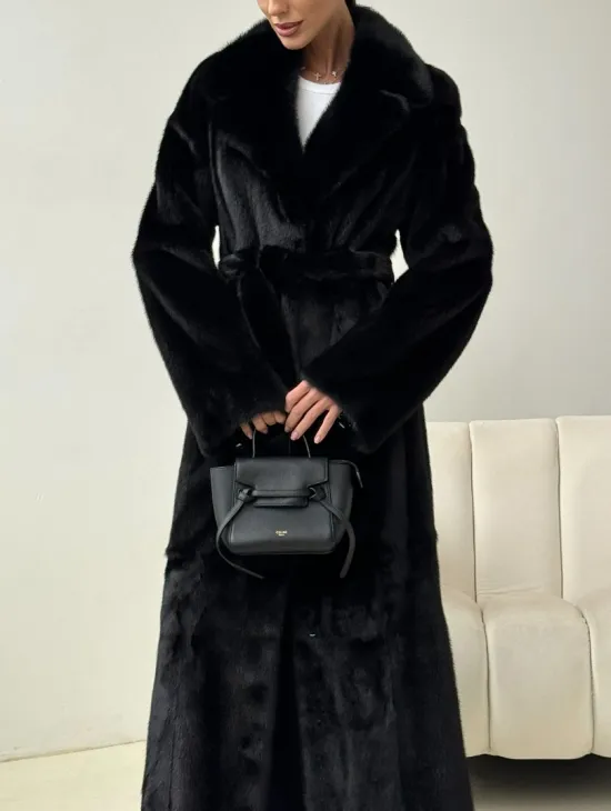 Черная норковая шуба с поясом - фото 2