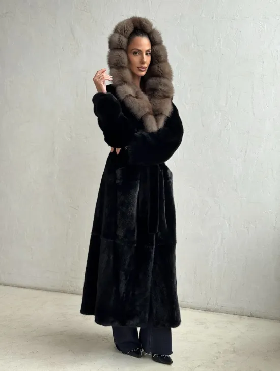 Черная норковая шуба с поясом - капюшон куница - фото 8