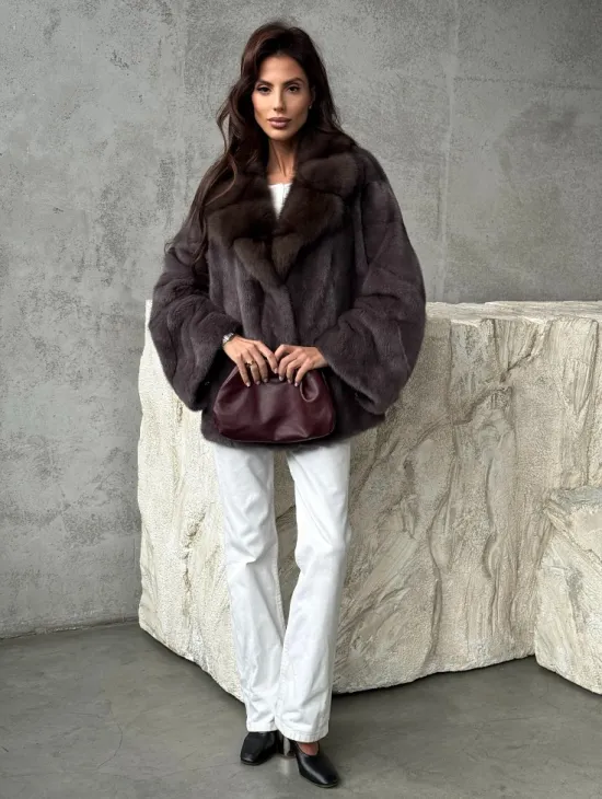 Норковый полушубок с воротником куница - фото 4