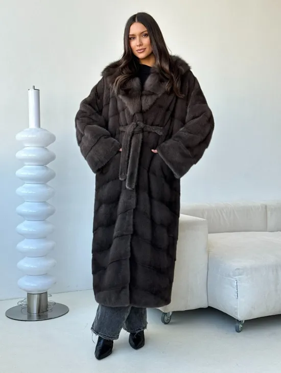 Длинная норковая шуба с капюшоном - графит - фото 10