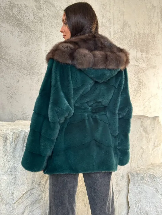 Шуба норка кимоно - капюшон куница - фото 3