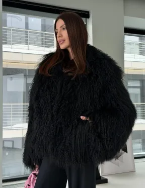 Полушубок черный из ламы - фото 12