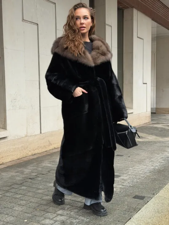 Длинная норковая шуба - кимоно с капюшоном куница - фото 4