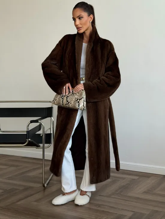 Шуба норковая в роспуск с меховым поясом - фото 2