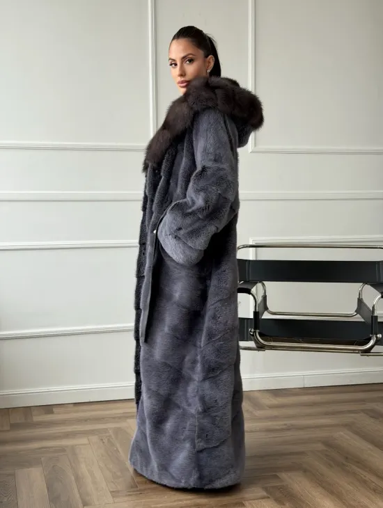 Длинная норковая шуба в пол с капюшоном куница - фото 9