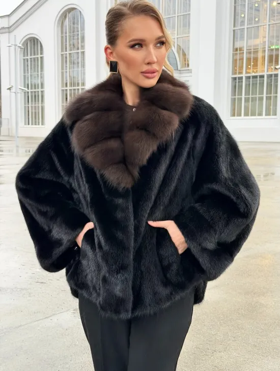 Черный норковый жакет с воротником куницы - фото 4