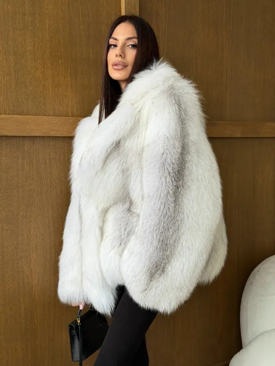 Белый полушубок из крестовой лисы - английский воротник - фото 10