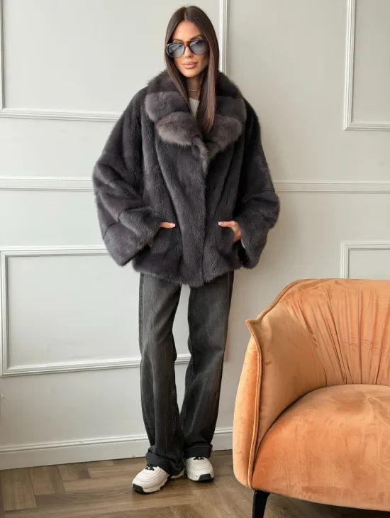 Автоледи норковая с воротником куницы - графит - фото 6