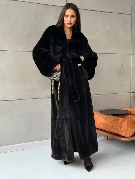Длинная черная шуба из меха норки Saga furs - фото 3