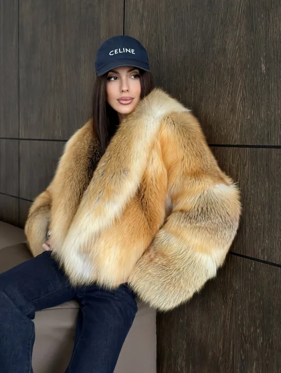 Полушубок-кроп с большим шалевым воротником из меха лисы Golden Sunrise - фото 9