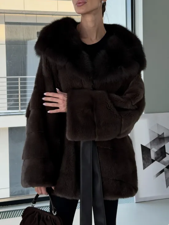 Норковая шуба кимоно с капюшоном куница - фото 5