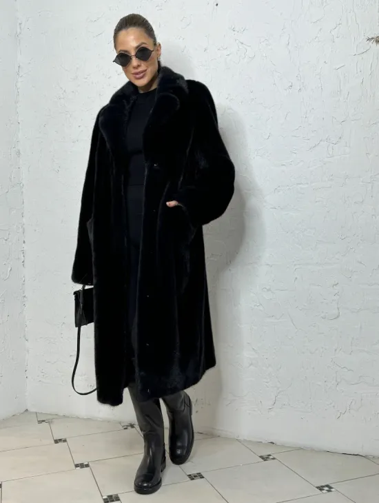 Шуба из плюшевой норки с английским воротником - цвет инфинити - фото 8