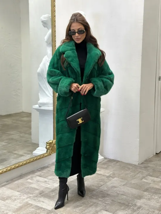 Шуба из аукционной норки с английским воротником - цвет изумруд - фото 5