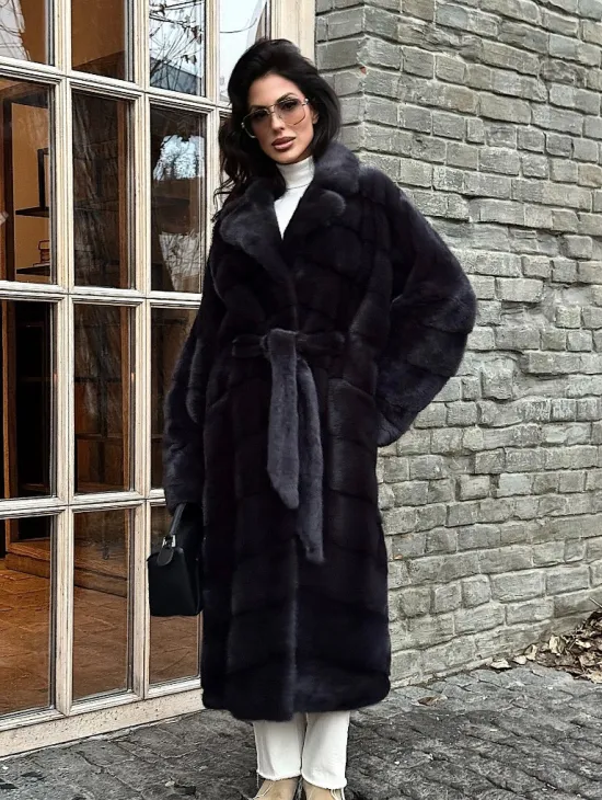 Шуба Халат из меха норки с английским воротником - цвет темный графит - фото 0