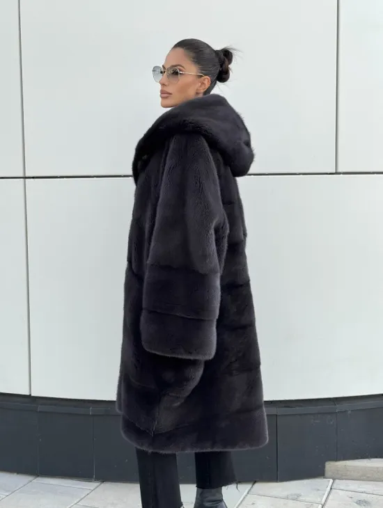 Норковая шуба паркет с капюшоном - цвет блю ирис - фото 3