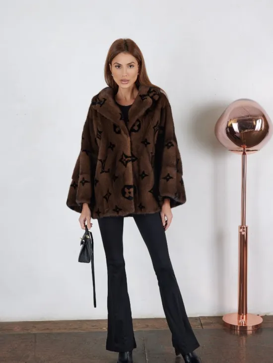 Кимоно полушубок английский воротник, принт - цвет орех - фото 3