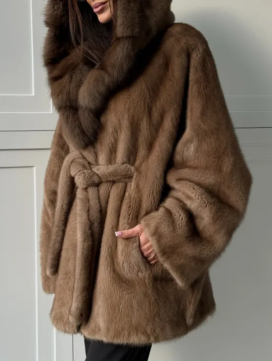 Норка NAFA пошив роспуск пастель с капюшоном куница -летучая мышь - фото 3