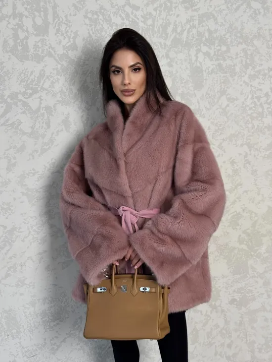 Кимоно норковое воротник отворот - цвет розовый жемчуг - фото 7